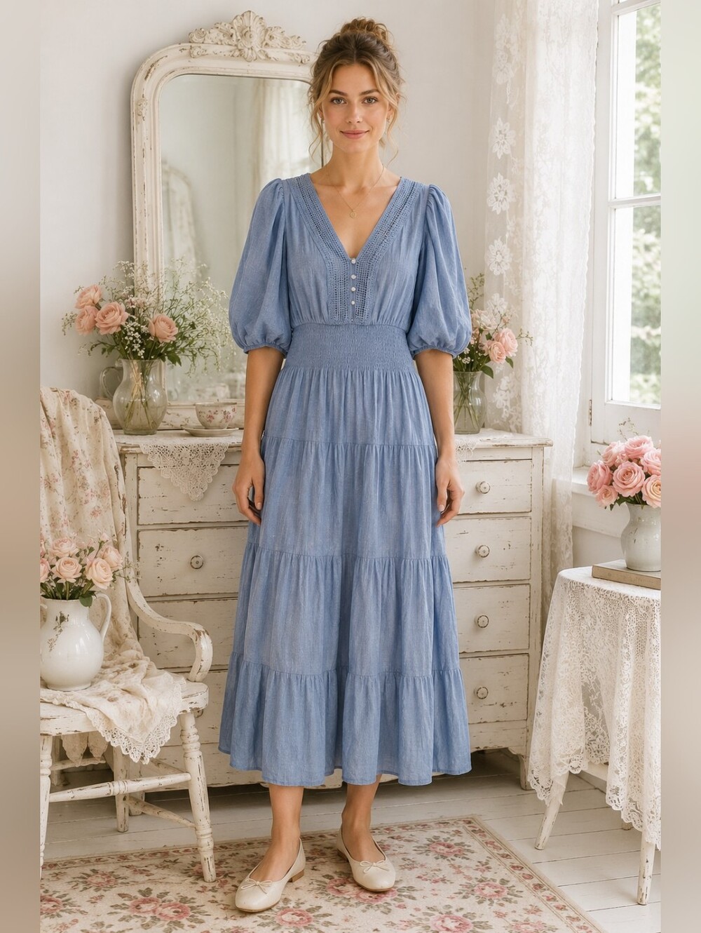 Blue Cottagecore Tiered Midi Dress | Romantic Puff Sleeve Dress